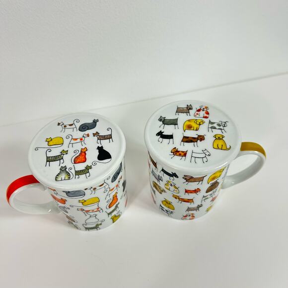 ChaCult Fine Porcelain Matching Cat & Dog Tea Cups Mugs with Lids Set of 2 - Picture 2 of 6